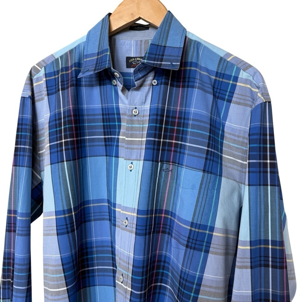 Paul & Shark Yachting Men's Blue Plaid Long Sleeve Shirt Casual Size 44 XXL